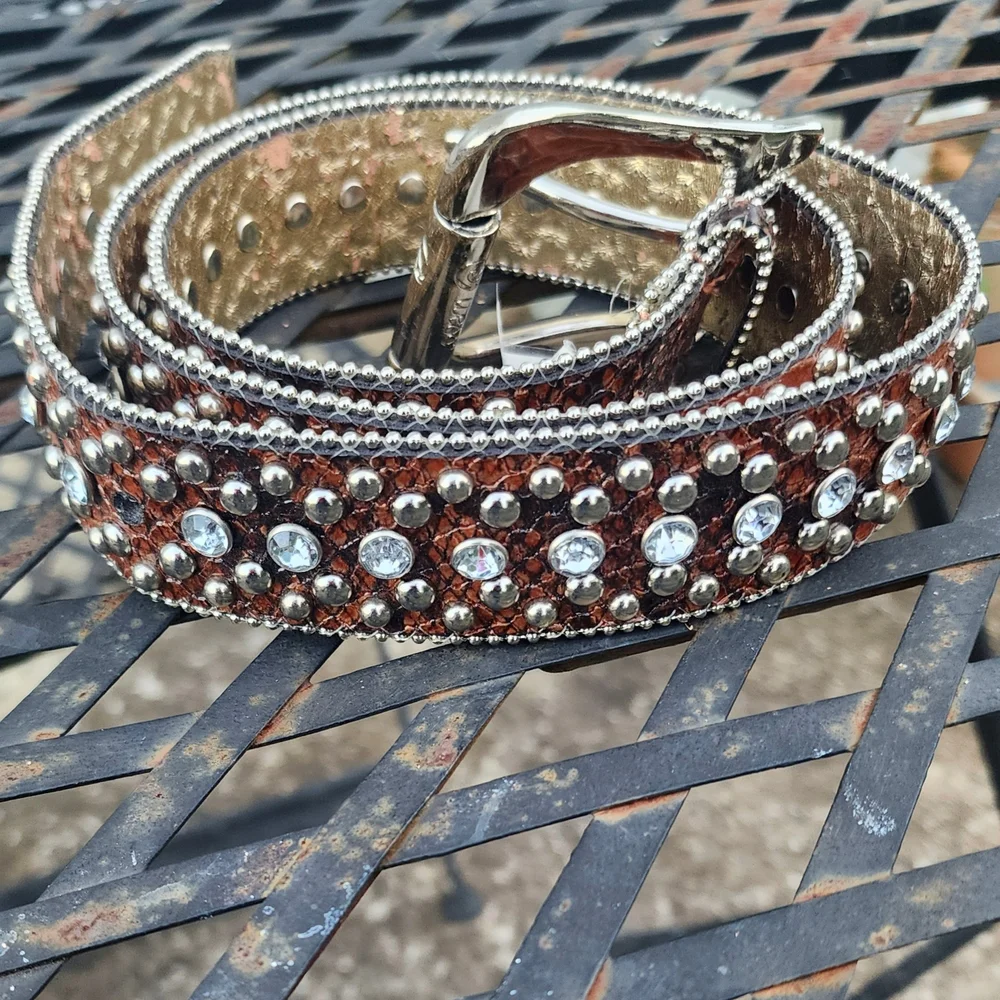 Vtg Y2K Guess Brown Snake Embossed Rhinestone Studded Western Belt Size XL 93804 - Picture 5 of 12